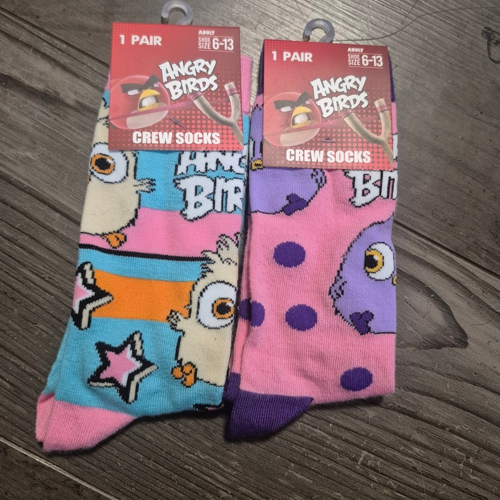 Angry Birds Crew Socks 2 Pair Lot Adult Shoe Size 6-13 Stars Polka Dots New